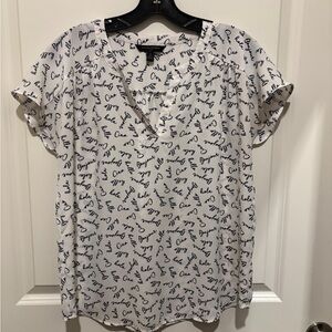 Banana Republic White and Blue Script Blouse